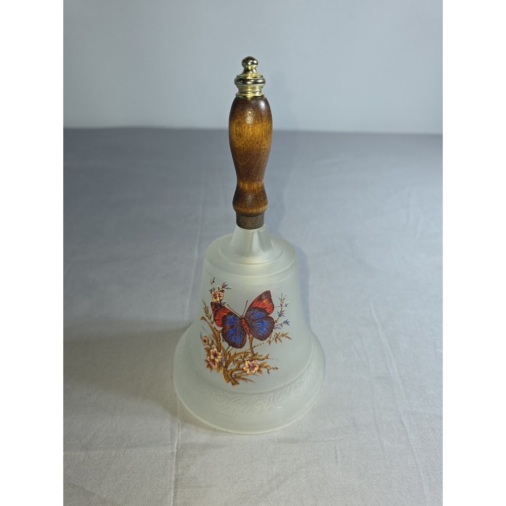Vintage Frosted Glass Butterfly Hand Bell Wood Handle 8"